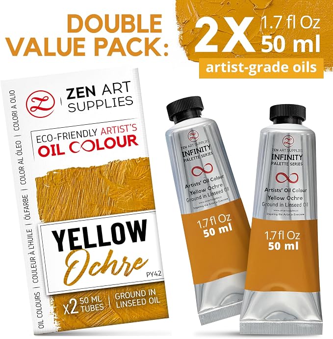 ZenART Professional Oil Paint Set - Artist Grade Yellow Ochre - 2x50ml | Non-Toxic, Buttery Consistency, Rich Pigment, Lightfast Oil Paints for Primed Surface Canvas, Fine Art, Portraits & Landscape