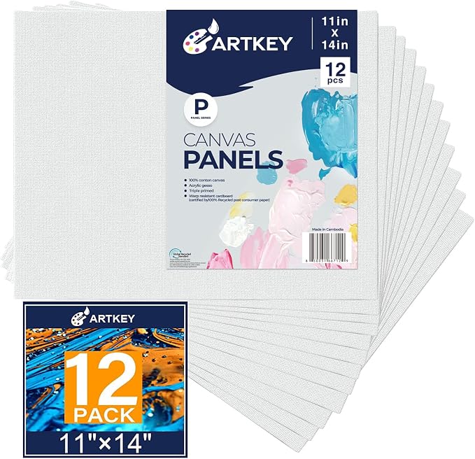 Canvas Panels 11x14 Inch 12-Pack, 10 oz Primed 100% Cotton Canvases for Painting, White Blank Flat Canvas Boards for Oil Acrylics Watercolor Tempera Paints
