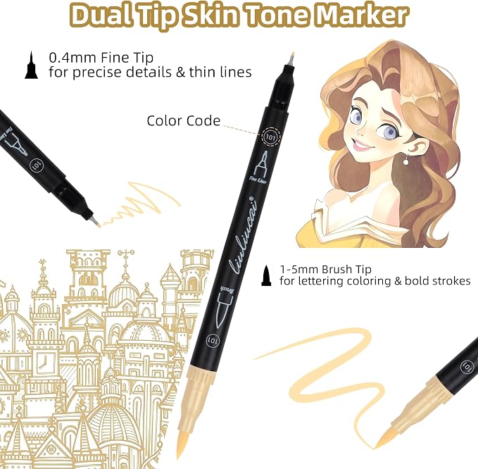 LIULIUCAI 10 Skin Tone Dual Marker, Fine & Brush Tip Pens for Coloring