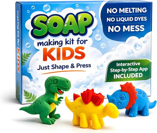 ZenseMe Soap Making Kit for Kids – DIY Soap Making Kit with Dinosaur Soap Moulds (3 Cute Dinosaurs) | Soap Making Supplies for Creative Play & Hygiene - DIY Kits for Kids with Mobile App