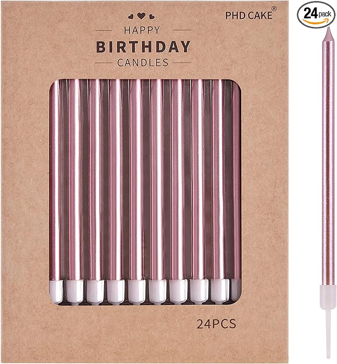 PHD CAKE Rose Gold Long Thin Metallic Birthday Candles, Cake Candles, Birthday Parties, Wedding Decorations, Party Candles