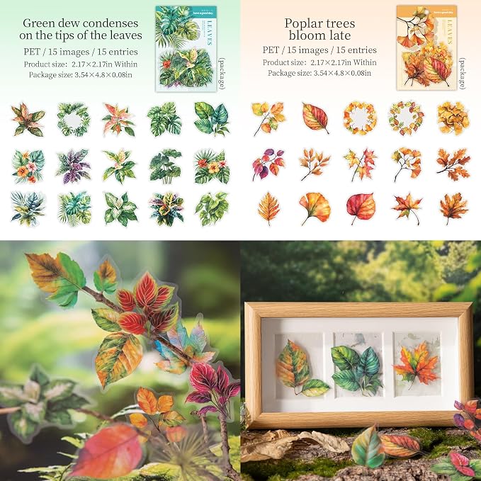 90 Pcs Aesthetic Realistic Watercolor Leaf PET Stickers for Scrapbooking