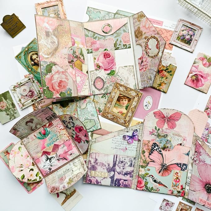 ZHIJIANHZ Junk Journal Kit Pink Romantic Ephemera Set for Scrapbooking