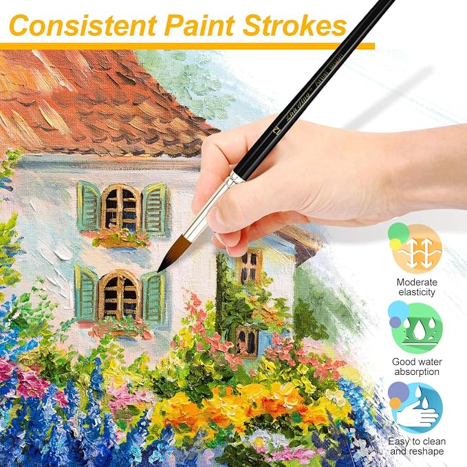 Paint Brushes Set, 12 Pcs Watercolor Brushes with Wooden Handle and Soft Nylon Hair Pointed Round Tips Artist Brushes for Acrylic Oil Watercolor Gouache (Black)