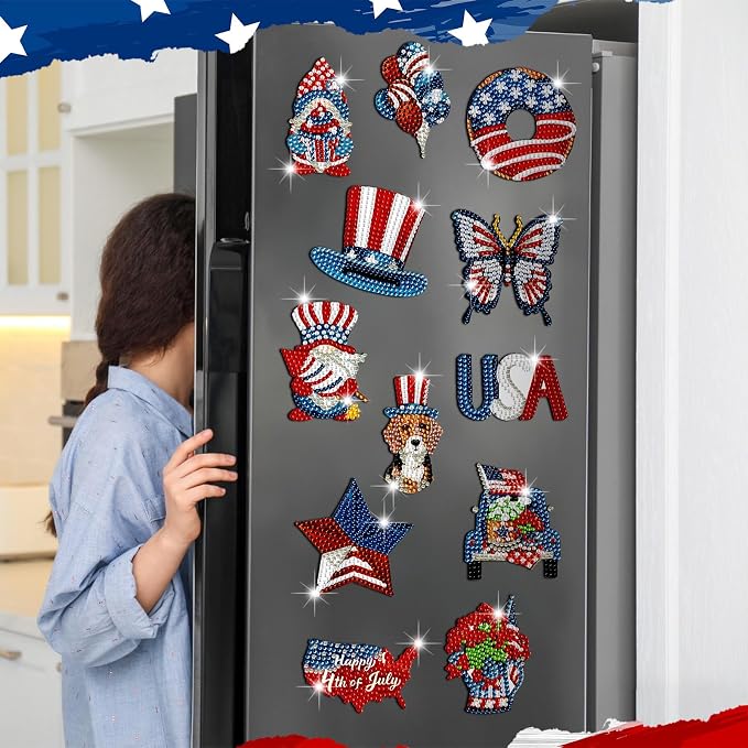 Zonon 12 Pcs 4th of July Diamond Art Magnets Patriotic Flag Gem Stickers | Red White Blue Designs, Diamond Magnets for Fridge Decor, American Themed Magnetic Kits, Adults DIY Home Celebrations