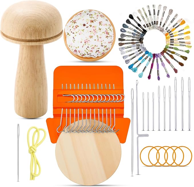 Jexine Mini Darning Mushroom for Socks 14 Hooks Small Speedweve Style Weaving Darning Loom with 9 Pcs Large Eye Needles 50 Colors Thread for Handcraft DIY Weaving Repair Tool(Bright Color)