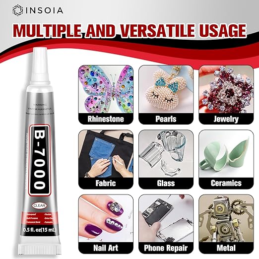 INSOIA B7000 Bedazzling Glue Tool Clear, 8 x 15ml Precision Tip