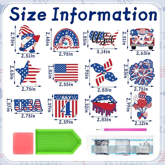 Zonon 12 Pcs 4th of July Diamond Painting Magnets Kit DIY American Flag Diamond Art Fridge Magnets for Adults Patriotic Independence Day Magnetic Stickers Home Decorations
