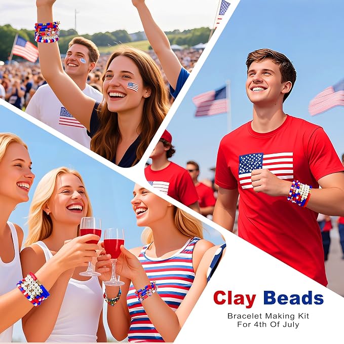 Redtwo 4th of July Red White and Blue Clay Beads Bracelet Making Kit | with Letter Beads, Patriotic Beads for Jewelry Making for Independence Veterans Day Party Favors, DIY Gifts with America Flag