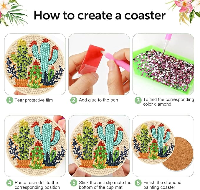 mrpwnle 8 Pcs Diamond Art Coasters Kits, Cactus Diamond Painting Coasters