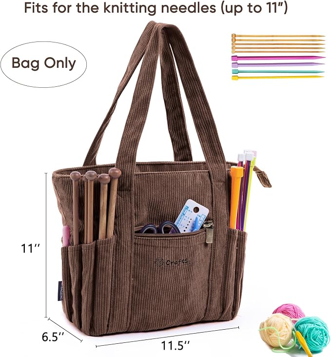MYBAGZING Corduroy Crochet Bag 11.5" Large Yarn Storage Tote with Grommets, Needle Holders – Knitting Bag Organizer for Crochet Hooks, Accessories, Tools & Projects –Gift for Knitters & Crafters