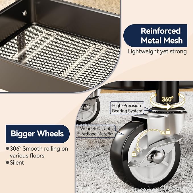 YASONIC 3 Tier Rolling Cart, Heavy Duty Metal Utility Cart with Wheel Black