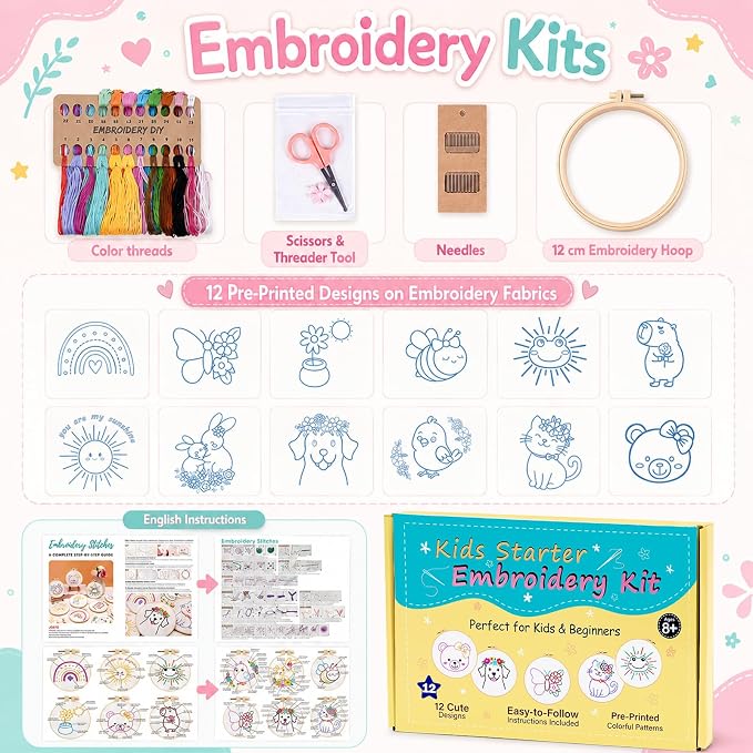 Nuberlic Embroidery Kit for Kids Ages 8+, 12 Pre-Stamped Crafts