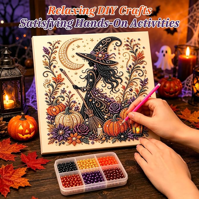 Halloween Ghost Pearl Art DIY Kit,Cute 3D Pearl Mosaic Craft Set for Adults & Beginners,Spooky Ghost Pumpkin Canvas Art for Fall Home Decor,Wall Art for Gift