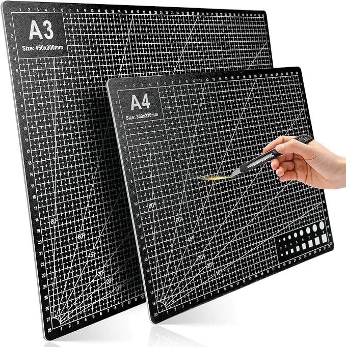 2 Pcs Large Cutting Mat Self Healing,Double Sided,Grid Line And Angles Help To Cut Precisely,Craft Mats for Scrapbooking, Quilting, Sewing and All Arts,Non Slip & Easy Clean ((A3 & A4 Black)