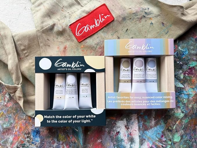Gamblin Artist Grade Oil, Set of 37ml tubes in Portland Warm Grey, Portland Cool Grey, and Titanium Buff, in a pre-primed wood panel (101103)