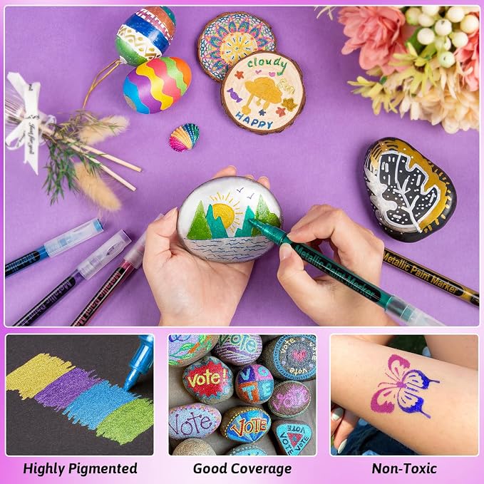 SAKEYR Metallic Acrylic Paint Markers - 1.0mm Fine Tip Glitter Paint Pens for Rock Painting, Stone, Glass, Ceramic, Wood, Fabric, Black Paper, Scrapbook Journals, Photo Albums, DIY Crafts (12 Colors)