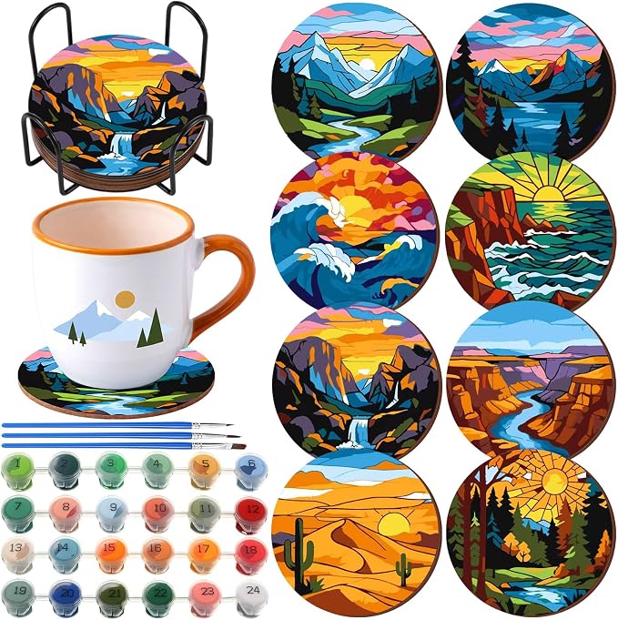 Reallnaive 8 Pcs Mountain Paint by Numbers Kit for Adults Wooden Coasters | Mini Landscape Paint by Numbers, Tiny Sunrise River Round Oil Painting Drink Coaster with Holder, for Small DIY Craft Gift