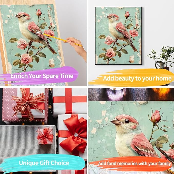 pchmcu Bird Flower Paint by Numbers Kits for Adults,Rose Paint by Number for Adults Beginner, Paint by Numbers Kits on Canvas Without Frame for Home Wall Decor 16x20inch