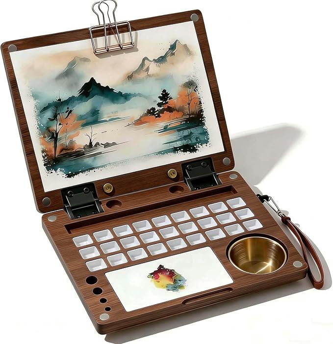 27 Wells Solid Wood Travel Watercolor Palette Box, Black Walnut | Empty Paint Box with Brush Cleaning Cup, Metal Clips and Hand Carry Strap for Outdoor Watercolor Easel