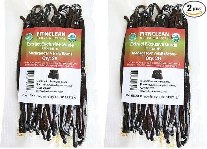 26 Organic Madagascar Vanilla Beans Extract Exclusive Grade B| 4.5" - 5.5" by FITNCLEAN VANILLA| Certified USDA Organic. Bulk Dry Whole Bourbon NON-GMO Pods (Pack of 2)