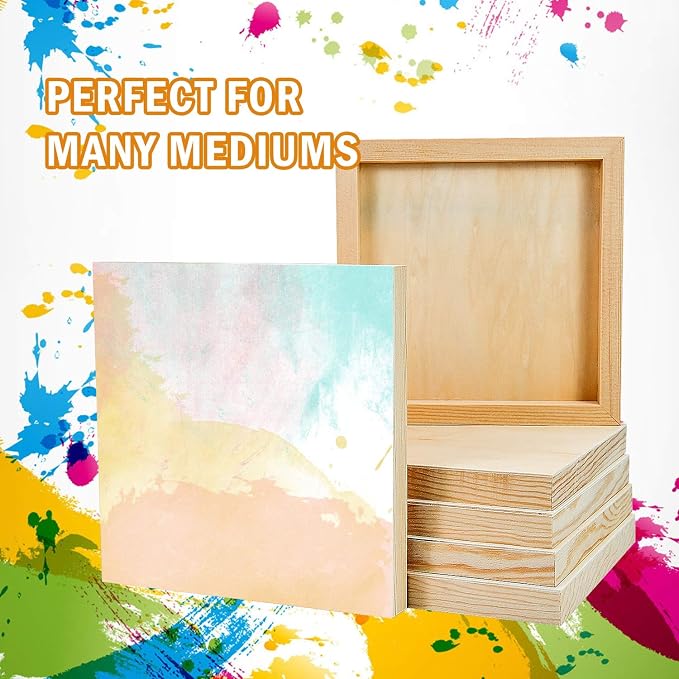 YoleShy 6 Pcs 8'' x 8'' Unfinished Wood Cradled Painting Panel Boards for Arts & Craft - Wooden Canvas Panels