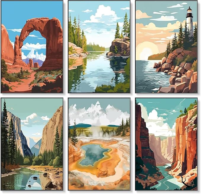 6 Pack Paint by Numbers Kit for Adults Beginner National Park 8x12 Inch | Without Frame Canvas, DIY Acrylic Painting by Numbers National Parks Landscape, Stress Relief Craft Kits, For Home Decor Gift