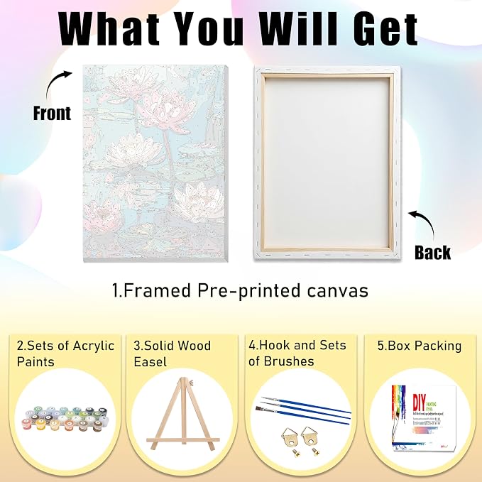 Ausanrl Flowers Framed Paint by Numbers Wooden Easel-Adult Paint by Number Kits on Canvas Framed,Lotus Paint by Numbers with Frame,Gifts and Home Wall Decor 12x16inch