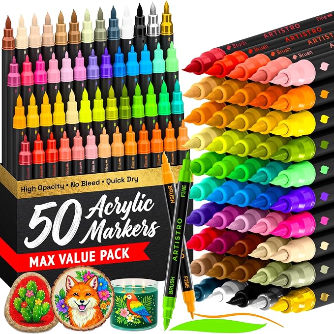 ARTISTRO 50 Acrylic Dual-Tip Glass Marker Pens for Wine Glasses | Brush + Fine Tips Vibrant Dual Tip Paint Pens for Party Charms, DIY, Craft - Art and Craft Supplies for Adults, Teens, Kids