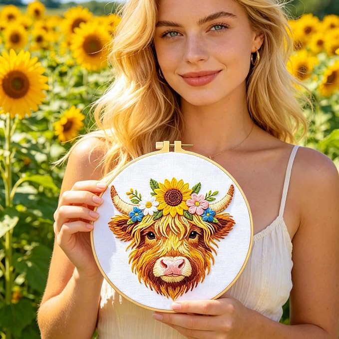 BEUNITONE 4pcs Embroidery Kit, Highland Cow & Sunflowers Stamped Embroidery Kits with Hoop, Thread & Needles, Colorful Cross Stitch Kits Sewing Gifts for Adults and Beginners, DIY Craft for Relaxation