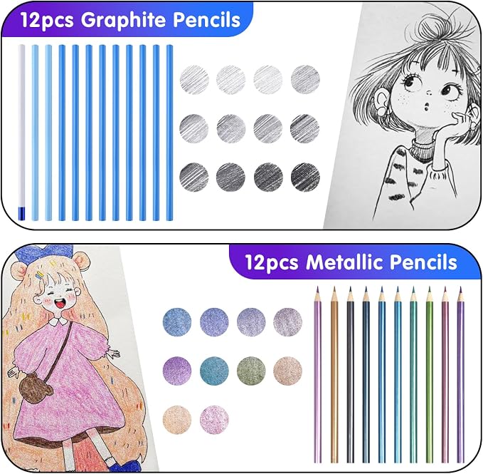 Professional Drawing Set,10 Colored Pencils,12 Graphite Pencils,Eraser,Case | Portable Travel Colored Pencil Case,Sketching Shading Blending Art Supplies,Gifts for Artists Adults Beginners.Metallic Black