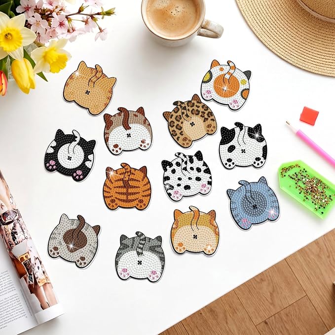 Zonon 12 Pcs Cat Diamond Art Magnets for Fridge Kitty Decor Kits | Cute Kitty Shapes with Diamond Painting Sparkle, Magnetic Stickers for Home Decor, Pre-finished Art Ready for Adults
