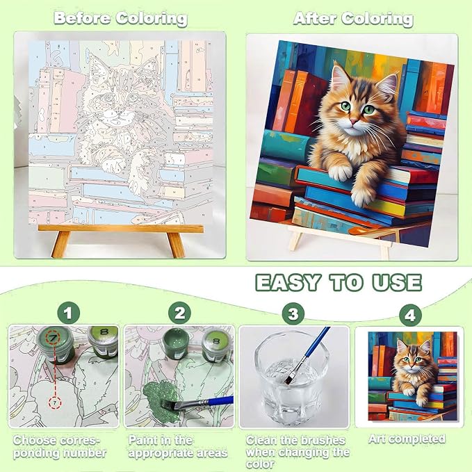 ajepon Cat Paint by Numbers Kit for Kids with Frame - Cute Cat Paint by Number for Kids, Cats Kid Painting by Number Kits Age 6-8 for Home Wall Decor 8X8inch (with Wooden Easel)