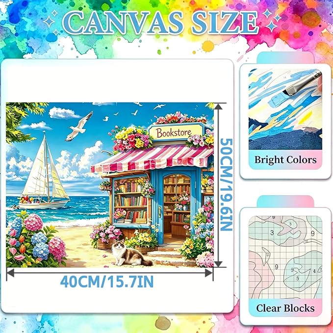 Bookstore Paint by Numbers for Adults, Paint by Number 16x20 inch | Seaside Paint by Numbers Kit for Adults, Summer Acrylic Painting by Numbers for Gift Home Wall Decor (without Frame)