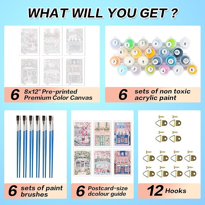 6 Pack Book Shop Paint by Numbers for Adults Beginners-8” W x 12”L