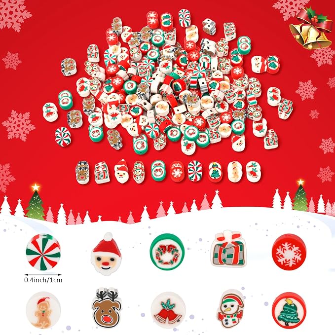 Augshy Christmas Polymer Clay Beads, 300PCS Xmas Heishi Spacer Assorted Santa Claus Snowflakes Snowman Gingerbread Man for Bracelet Necklace Jewelry Making