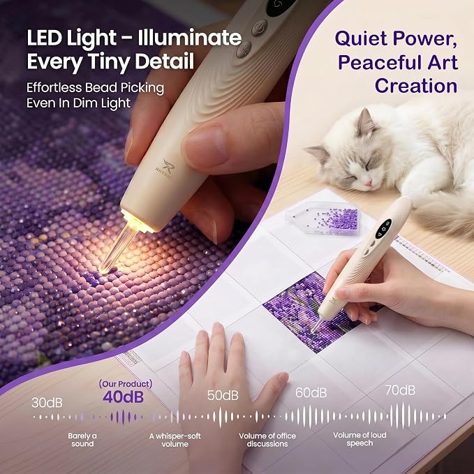 RHYNIC Electric Diamond Art Pens with Light, Diamond Art Kits for Adults, Wireless & Rechargeable Diamond Painting Pen, 2 Suction Levels, Ergonomic Grip, Quiet Diamond Painting Accessories and Tools