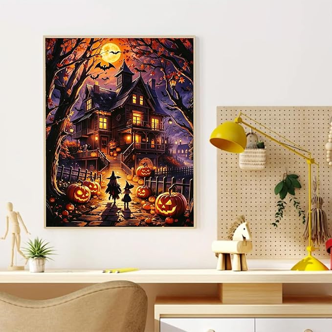 YarnWhimsy Halloween House Paint by Numbers Kit for Adults 16x20 inch