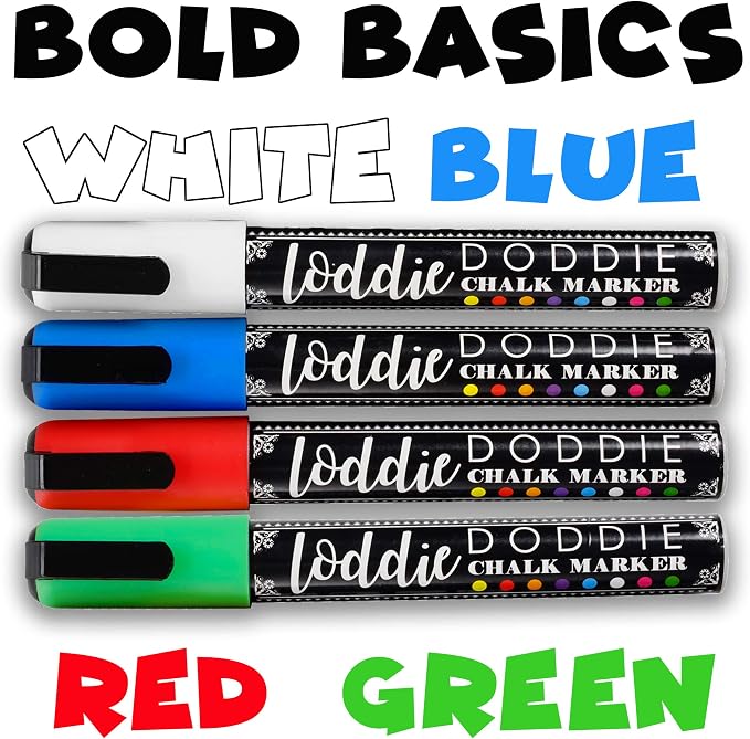 Loddie Doddie Chalk Markers, Liquid Chalk, Chalkboard Calendar, 4 Pack | 6mm Reversible Tip for Fine or Bold Lines, Washable Window Markers, Liquid Chalk Markers for Blackboard