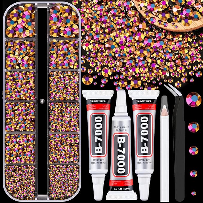 Resin Jelly Rhinestones for Crafting with B7000 Jewelry Glue, 1 Box Gold Rose AB Flatback Crystal with 3Pcs 10ml Glue, Bedazzling Non Hotfix Gems for DIY Tumblers Clothing Shoes Manicure