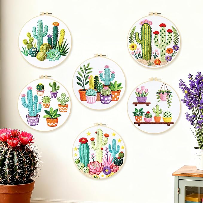 BEUNITONE Cactus Embroidery Kit for Beginners, 6PC Succulent Plant Themed Needlepoint Kits for Adults with Hoops, Threads, Needles, Instructions and Full Kits, DIY Home Decor Craft Gift for Adults