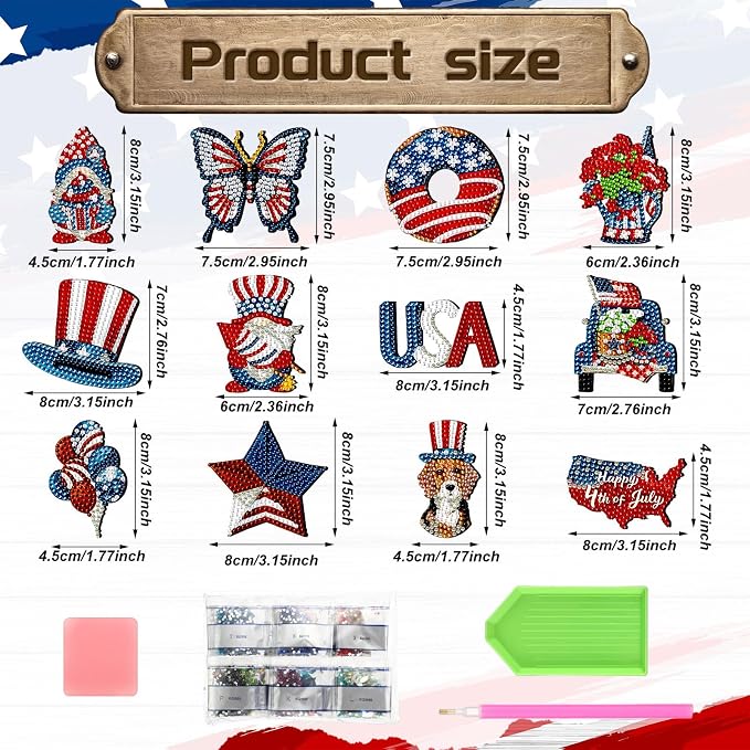 Zonon 12 Pcs 4th of July Diamond Art Magnets Patriotic Flag Gem Stickers | Red White Blue Designs, Diamond Magnets for Fridge Decor, American Themed Magnetic Kits, Adults DIY Home Celebrations