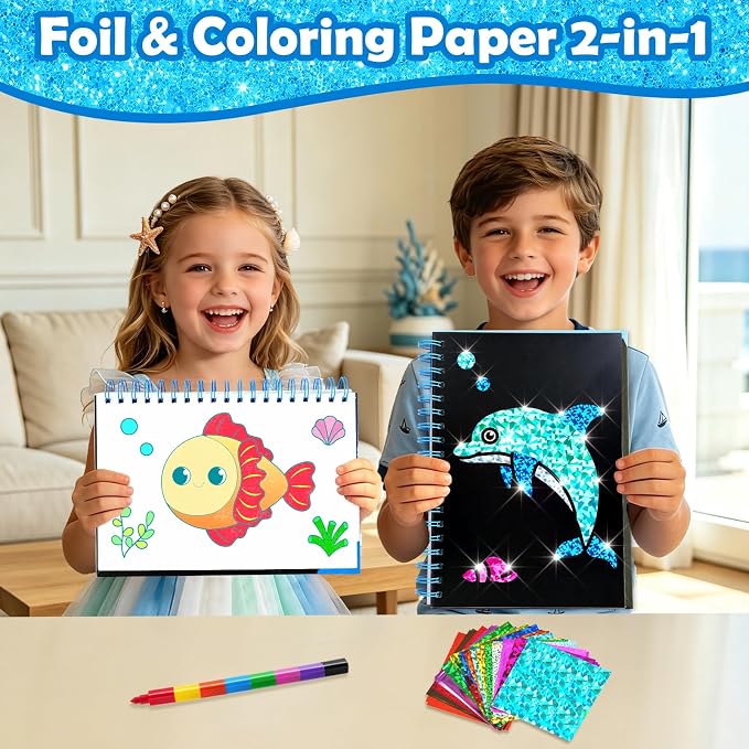 FUNNYB&G Foil Art Craft Kit for Kids, Sparkly Birthday Gift Toy for Kids | No Mess, Kids Ages 4-10 Create Sparkling Artwork, A Creative Gift for Birthdays, Holidays, Travel Activities,Screen-Free Fun