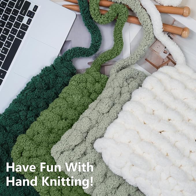 Cozyful Chunky Yarn for Hand Knitting - #10 Chunky Chenille Yarn, Jumbo Big Thick Chunky Yarns for Crocheting, Super Bulky Chunky Knit Blanket Yarns, 8 Skein (22yd, 8oz/Skein), Cream & Multi Green