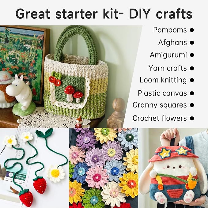 Inscraft Crochet Yarn Kit for Beginners, 1440 Yards 32 Colors Acrylic Yarn Skeins, 2 Crochet Hooks, 2 Weaving Needles, 4 Stitch Markers, 1 Bag, for Crocheting & Knitting, Gift for Adults