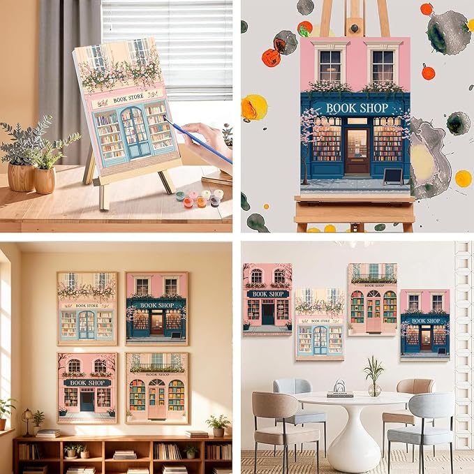 4 Pack Book shop Paint by Numbers Kit for Adults with Frame, Easy Bookstore Paint by Number for Adults Beginner with Wooden Easel, DIY Painting by Numbers Canvas Framed for Home Decor 8 x 12 Inch