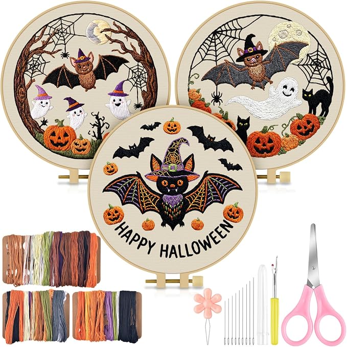 TINDTOP Halloween Embroidery Kit for Adult, 3 Pack Embroidery DIY Starter Kit, with Stamped Patterns, Hoop, Tools, Colorful Threads with Needles, Instructions