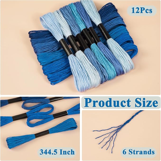 Amrules Friendship Bracelet String, 12 Pcs Embroidery Floss, Blue Series | Including 344.5" Cotton Cross Stitch Thread, Hand Embroidery Thread for DIY Sewing and Embroidery Crafts Making