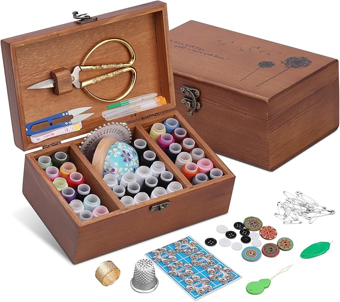 SHWAKK Sewing Kit, Wooden Sewing Kit Box for Adults Beginner Traveler
