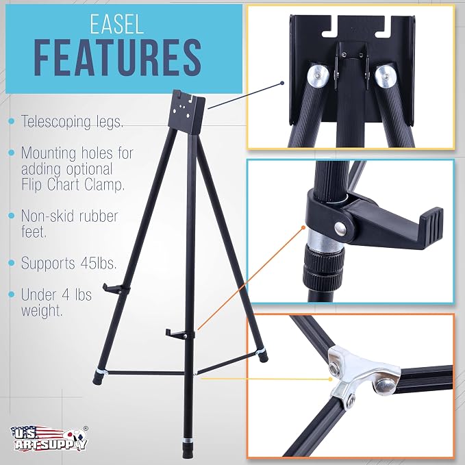 U.S. Art Supply 70" High Showroom XL Silver Metal Display Easel, Large | Adjustable Height Portable Easel Stand, Sign Display, Holds 45 lbs - Floor & Tabletop Easels, Painting Stand